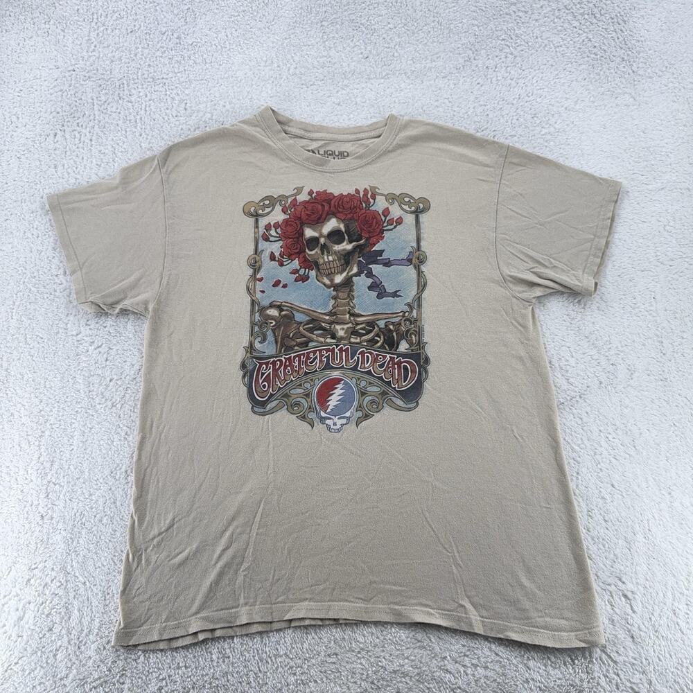 Grateful Dead Shirt Mens Large Beige Liquid Blue 2009 Skull Roses Band Tee Rock